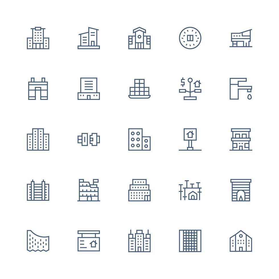 Housing Design Icons featuring 25 in Medium Stroke Outline Style Responsive Icon Set for Flexible Layouts vector