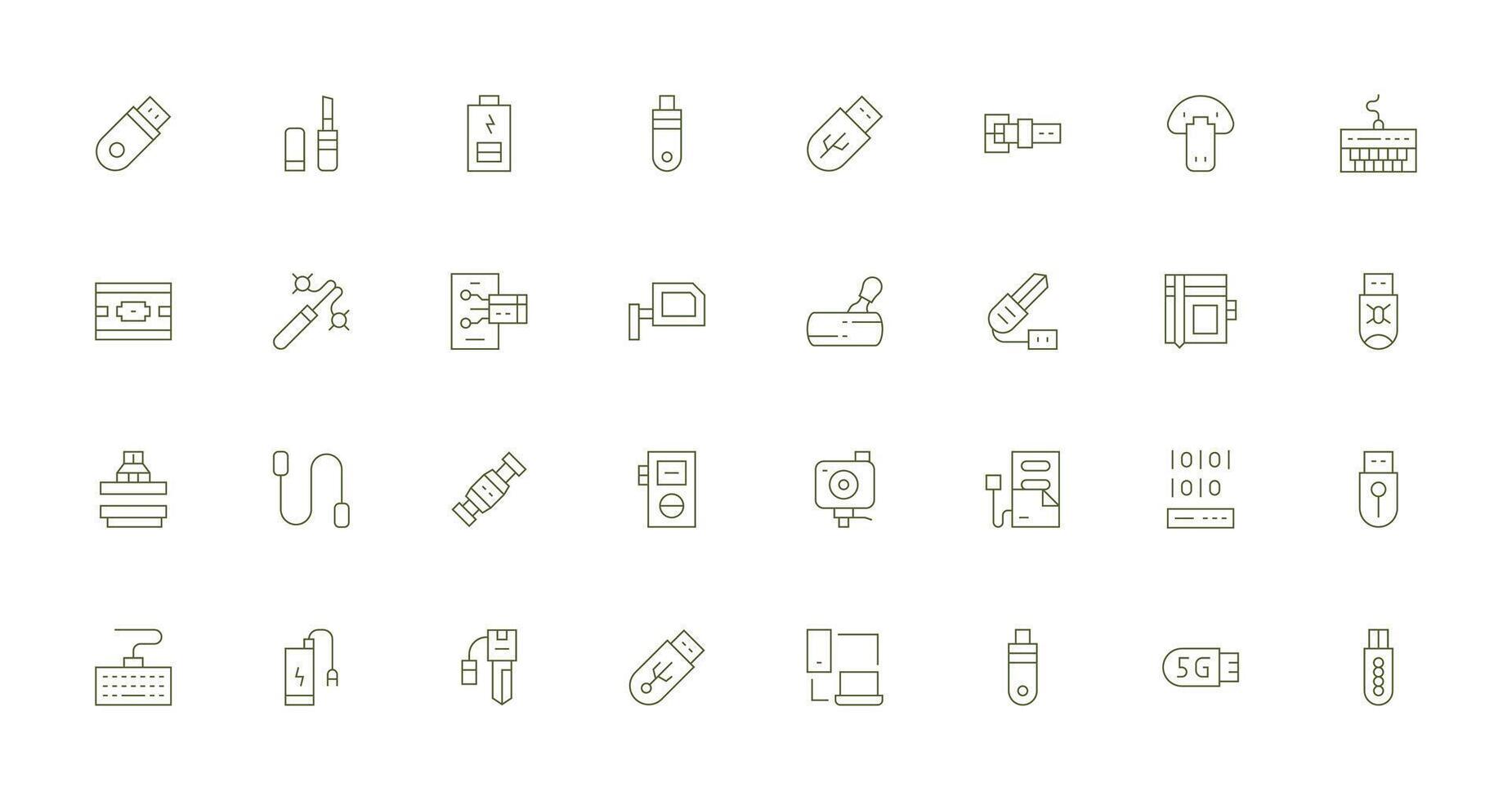 Usb Design Icons featuring 32 in Thin Line Style Organized Glyph Icons for Fast Design vector