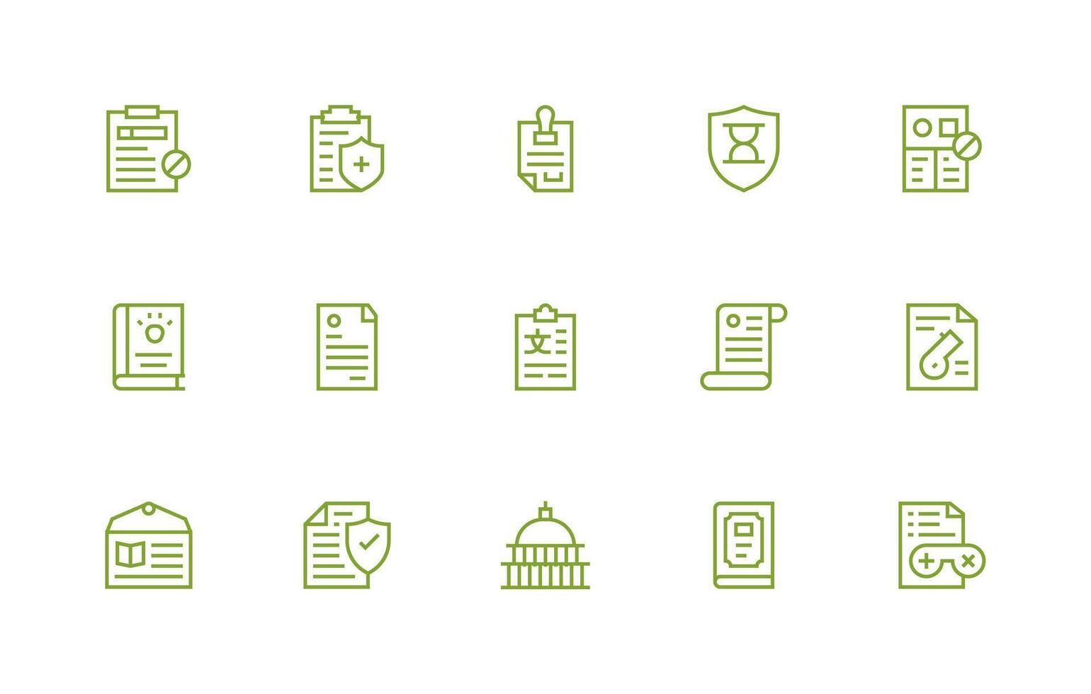 Policy Design Icons featuring 15 in Regular Line Style Universal Icon Pack vector