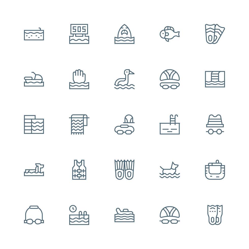 25 Medium Stroke Outline Icons for Swimming Graphics Complete Icon Set for Mobile Apps vector