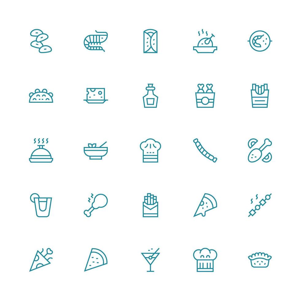 Appetizer Design Icons featuring 25 in Medium Stroke Outline Style Clean Icon Collection for Web Use vector