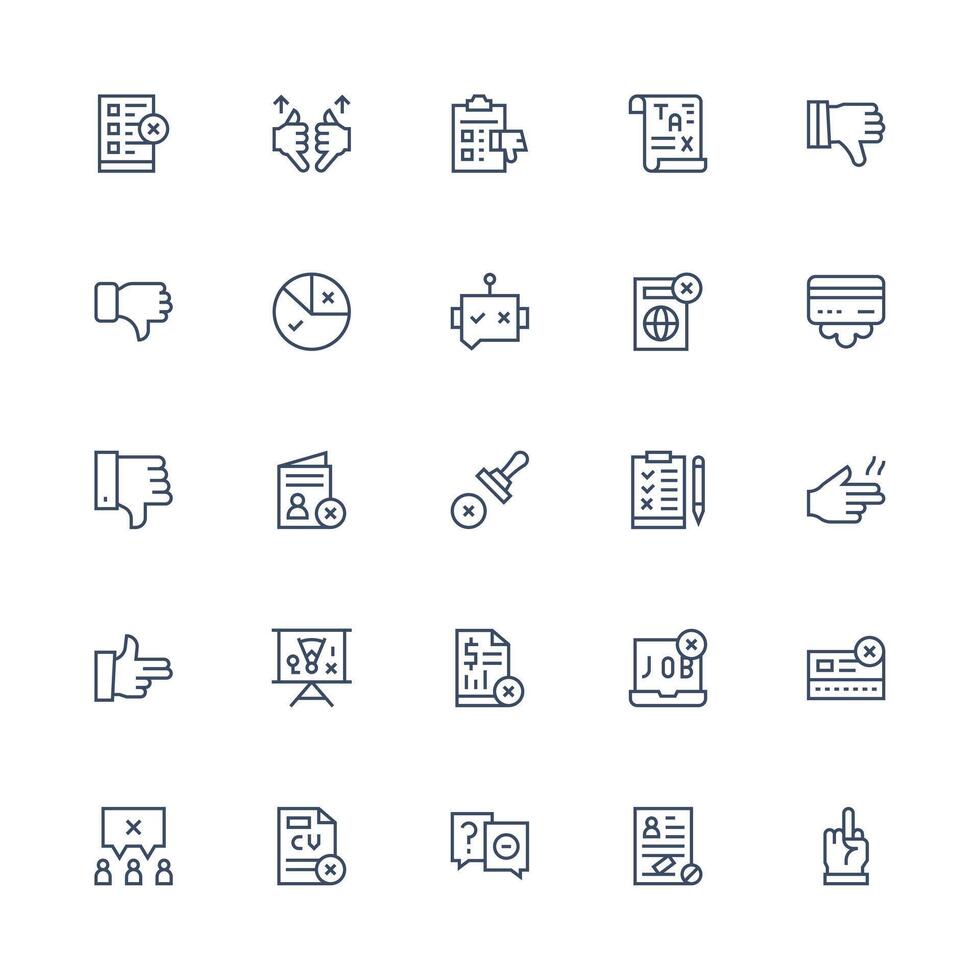 25 Medium Stroke Outline Style Icons from Rejection Collection Sharp Icons for Presentations vector