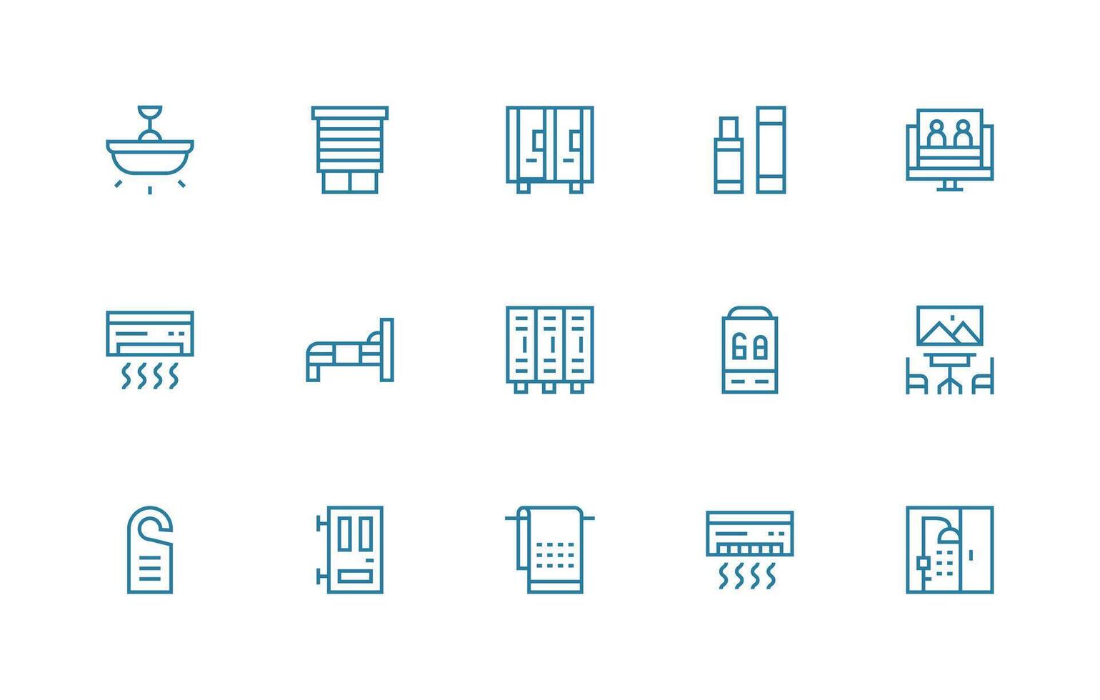 Room Design Icons featuring 15 in Regular Line Style UI and UX Focused Icon Collection vector
