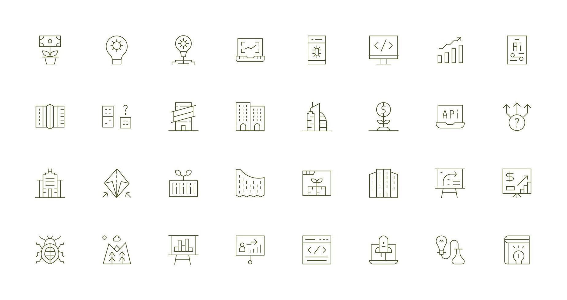 desarrollo conjunto con 32 Delgado línea íconos creativo icono conjunto vector