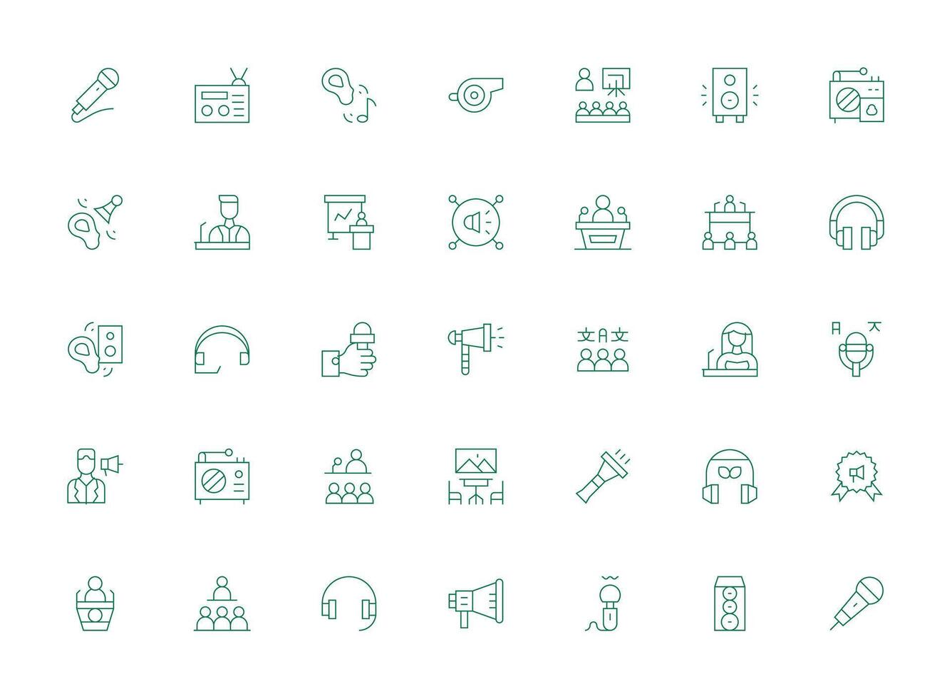 Speaker Design Icons featuring 35 in Light Line Style Quick Access Icons for UI Development vector