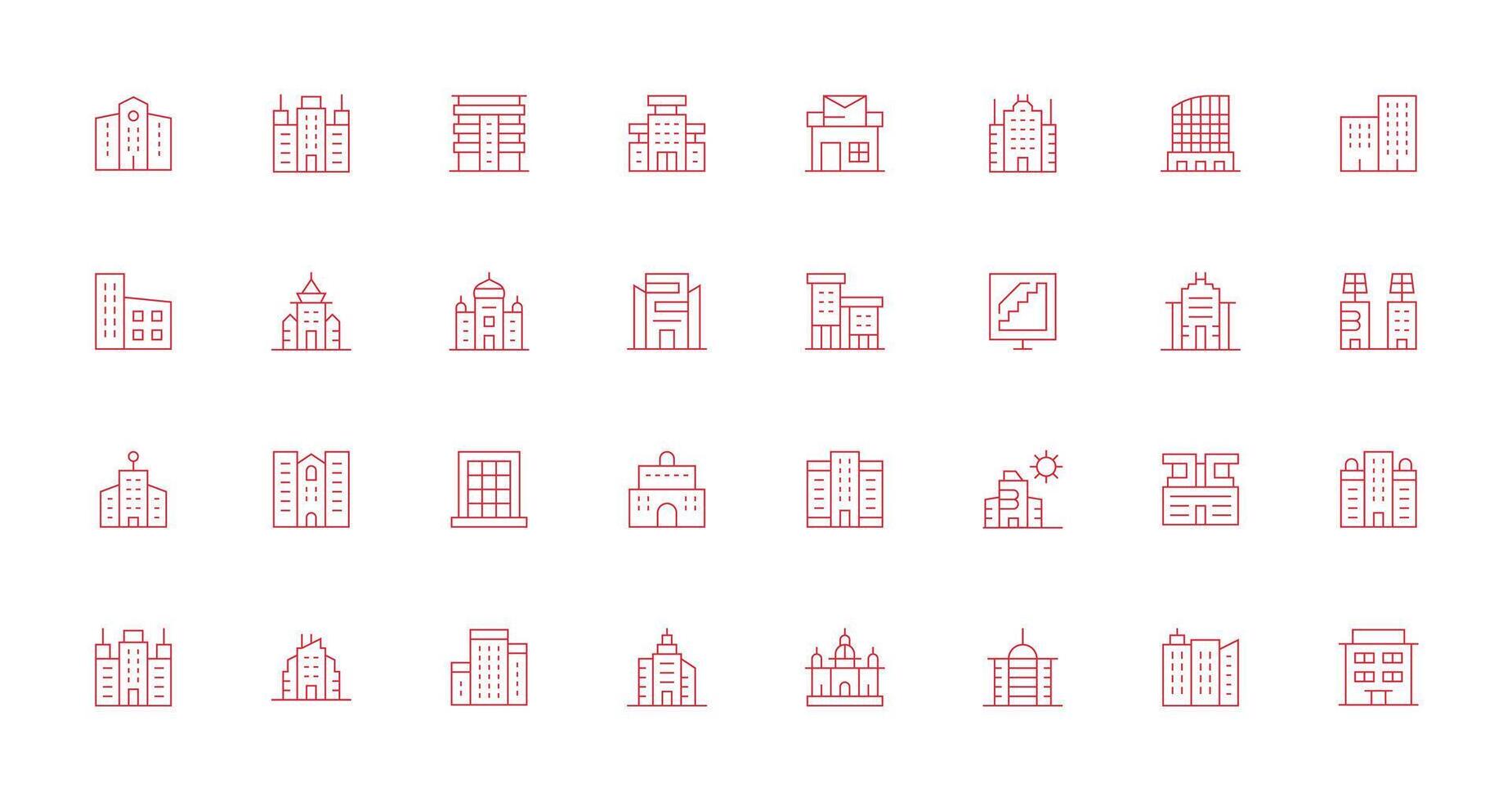 Office Building featuring 32 Icons in Thin Line Design Theme-Based Icon Pack vector