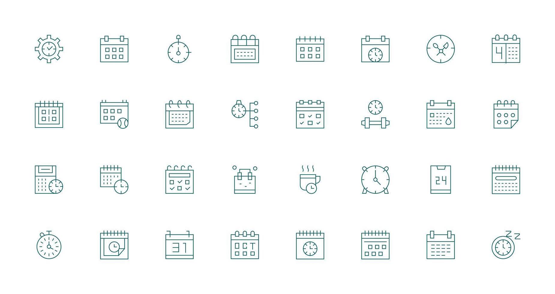 32 Time Management Icons in Thin Line Aesthetic Quick Access Icons for UI Development vector