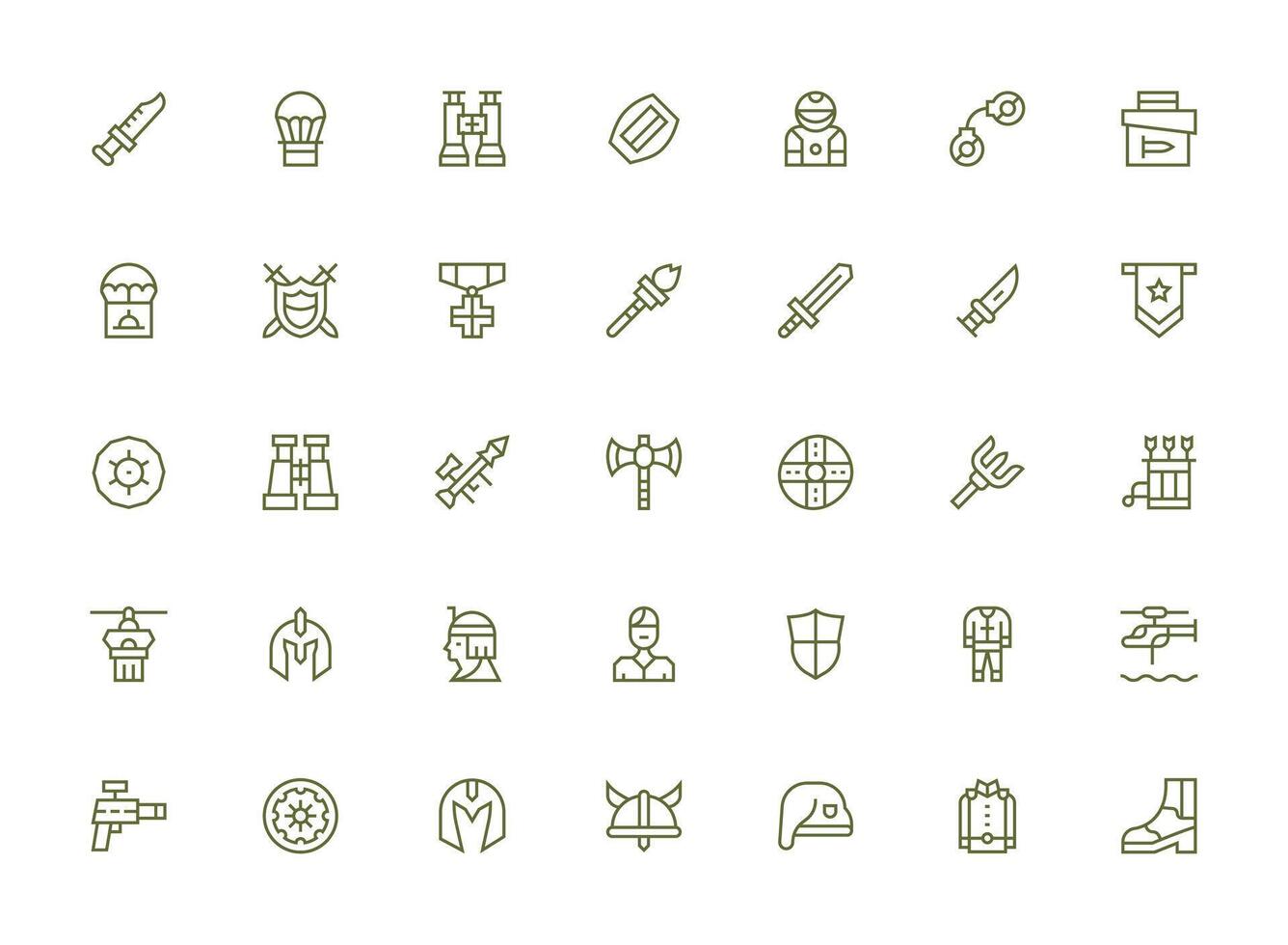 Military Icon Set with 35 Regular Clean Line Graphics Simplified Icon Pack for Visual Tools vector