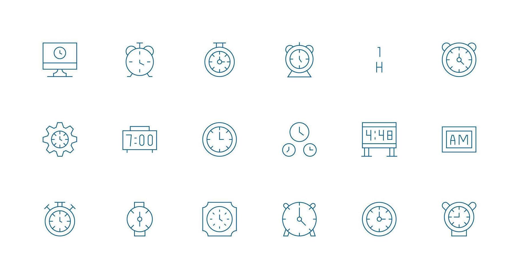 Minimal Line Style Digital Clock Icons with 18 Vectors Complete Icon Bundle for Web Design