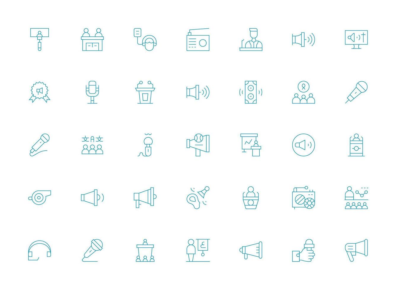 Speaker Set with 35 Light Line Icons Icon Pack for Various Themes vector