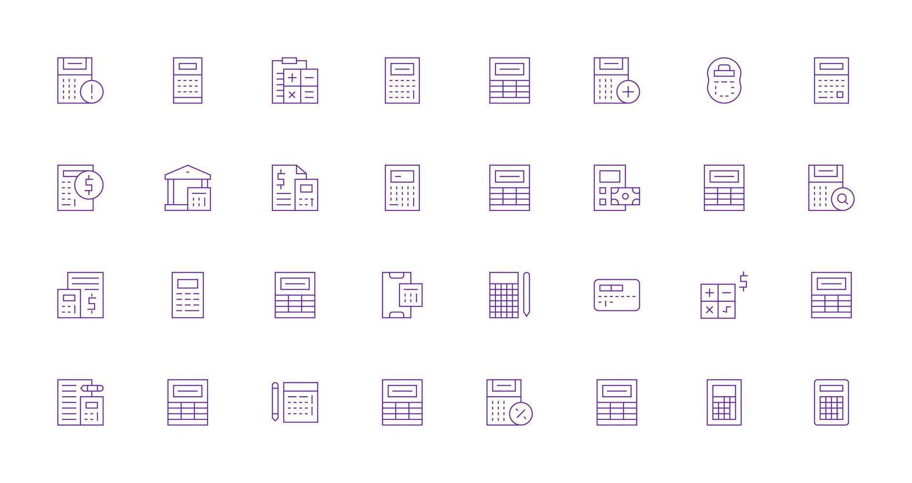 Calculator Visual Pack containing 32 Thin Line Icons Web and App Icon Pack Collection vector