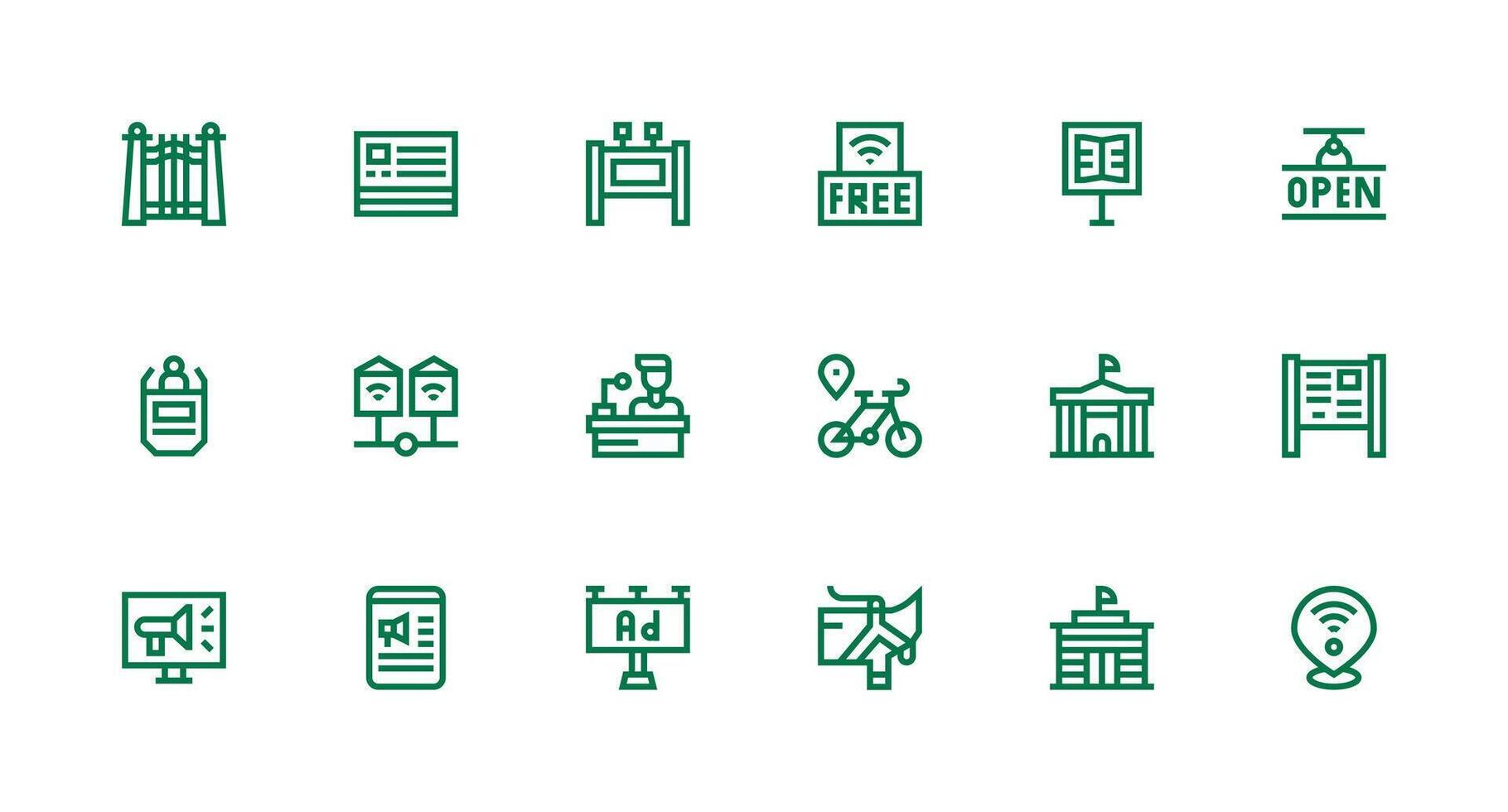 18 Strong Stroke Line Icons for Public Graphics Responsive Icon Set for Flexible Layouts vector