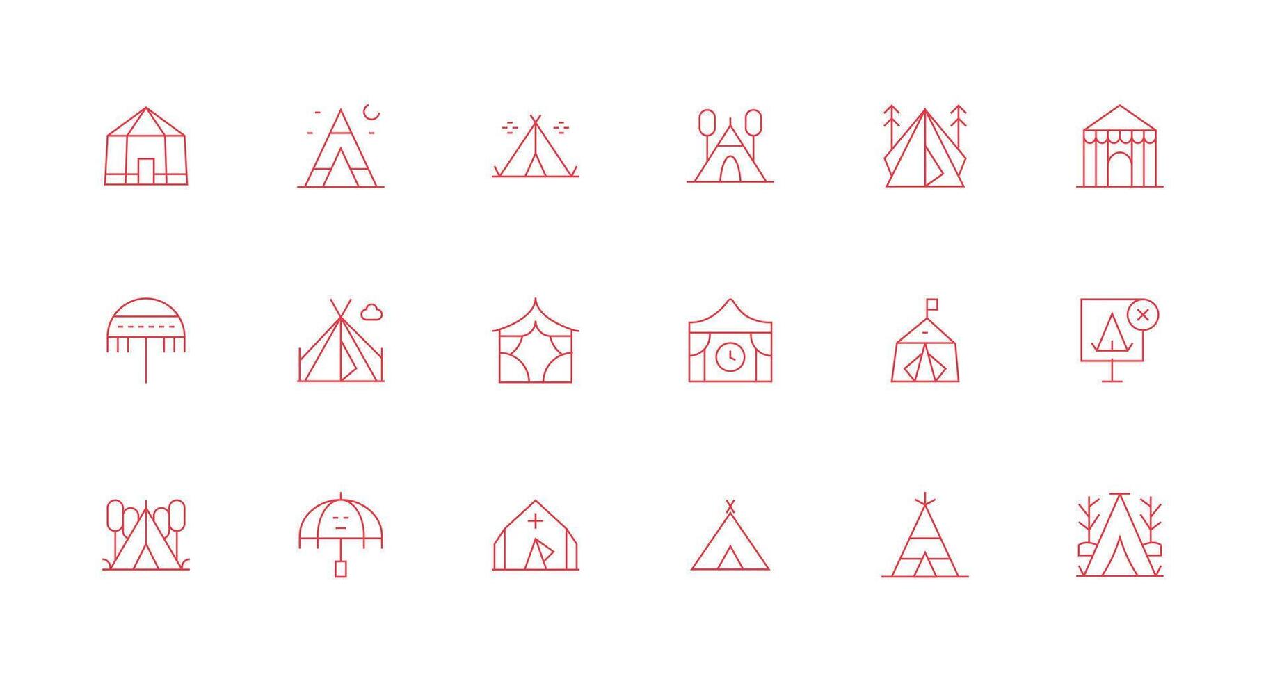 Tent Visual Pack containing 18 Minimal Line Icons Full Icon Library for UI Designers vector