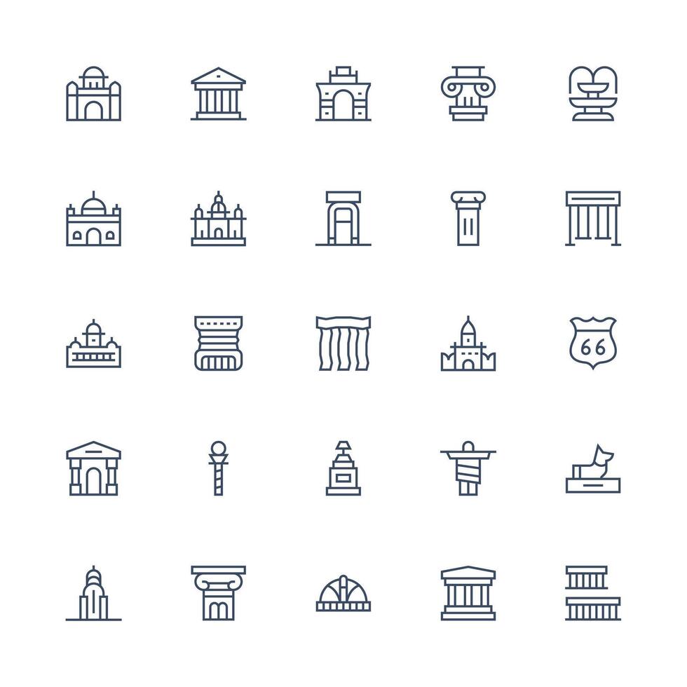 Monument Icon Collection with 25 Medium Stroke Outline Designs Well-Structured Icons for Creative Use vector