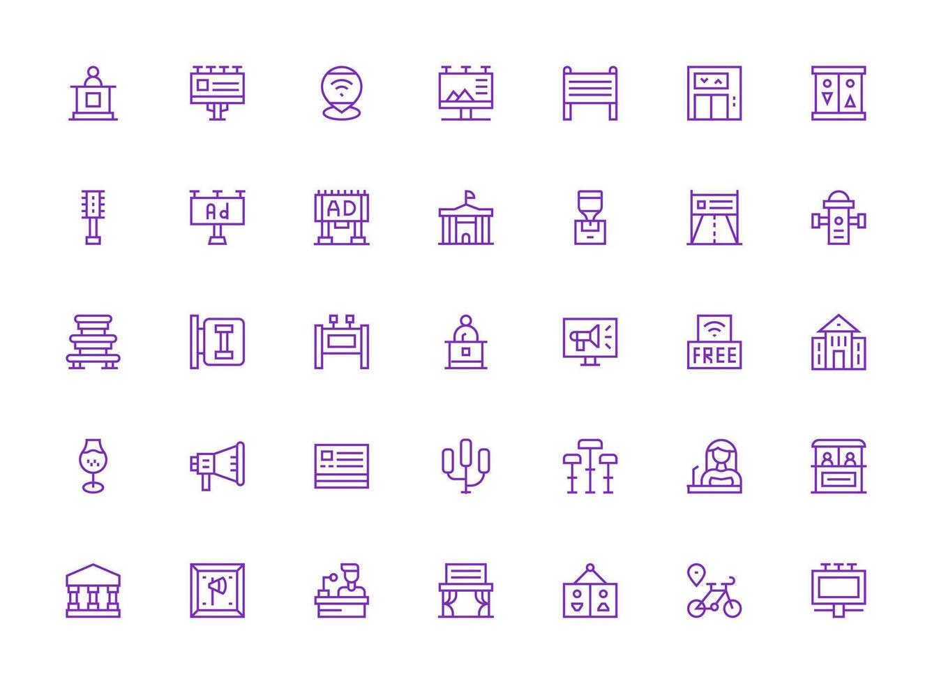 Public Icon Set with 35 Regular Clean Line Graphics Light Icon Series vector