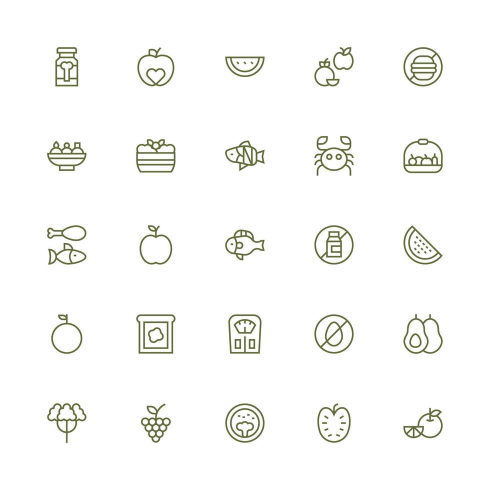 Diet Design Icons featuring 25 in Medium Stroke Outline Style Minimal Icon Set for Interface Projects vector