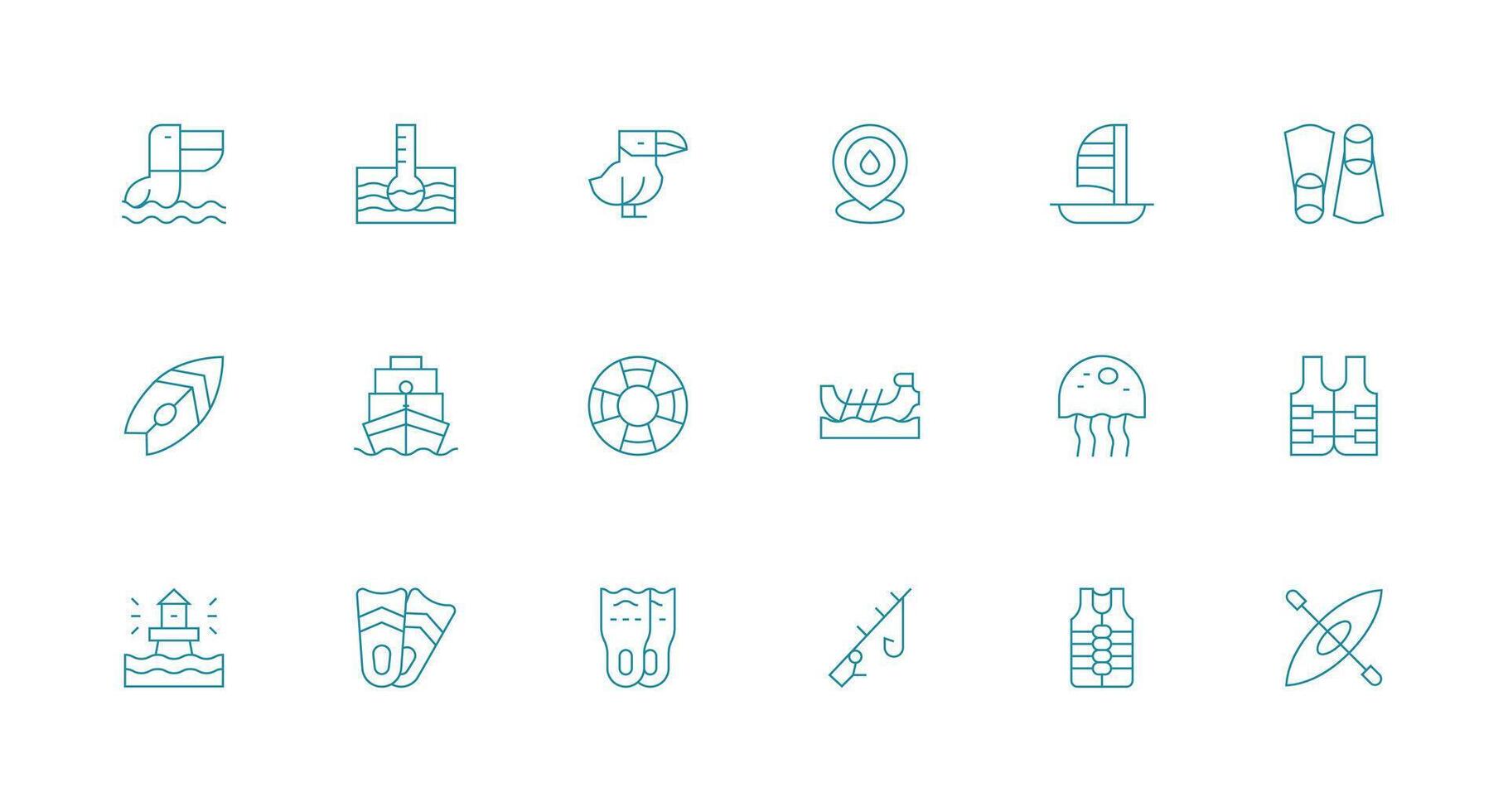 Ocean Design Icons featuring 18 in Minimal Line Style Multi-Purpose Icon Pack for Templates vector