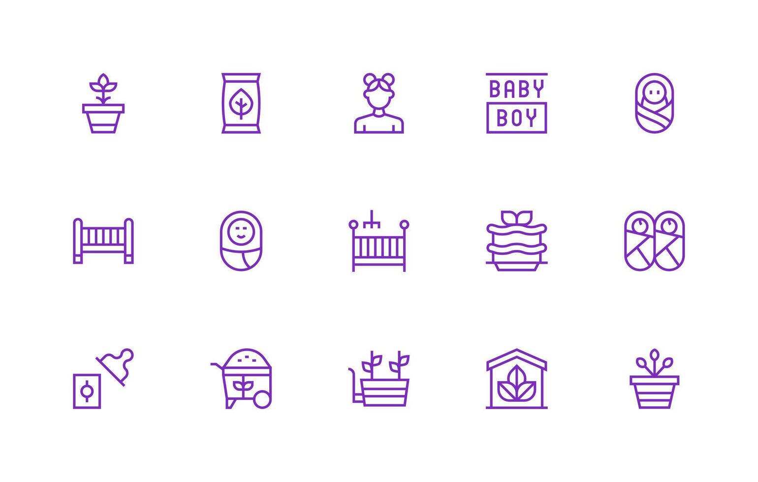 Regular Line Style Nursery Icons with 15 Vectors Light Icon Series