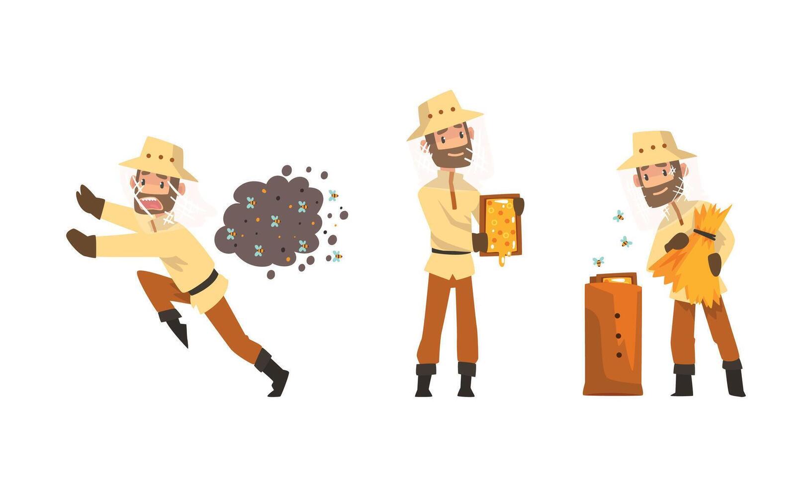 Beekeeper or Apiarist with Beehive and Brood Frame Honey Harvesting Set vector