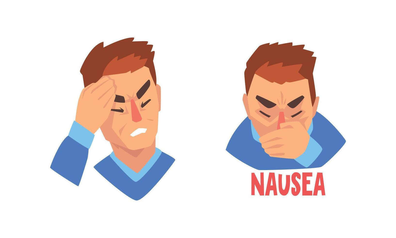 Man Suffering from Severe Headache Holding Hand Against Forehead and Vomiting Set vector