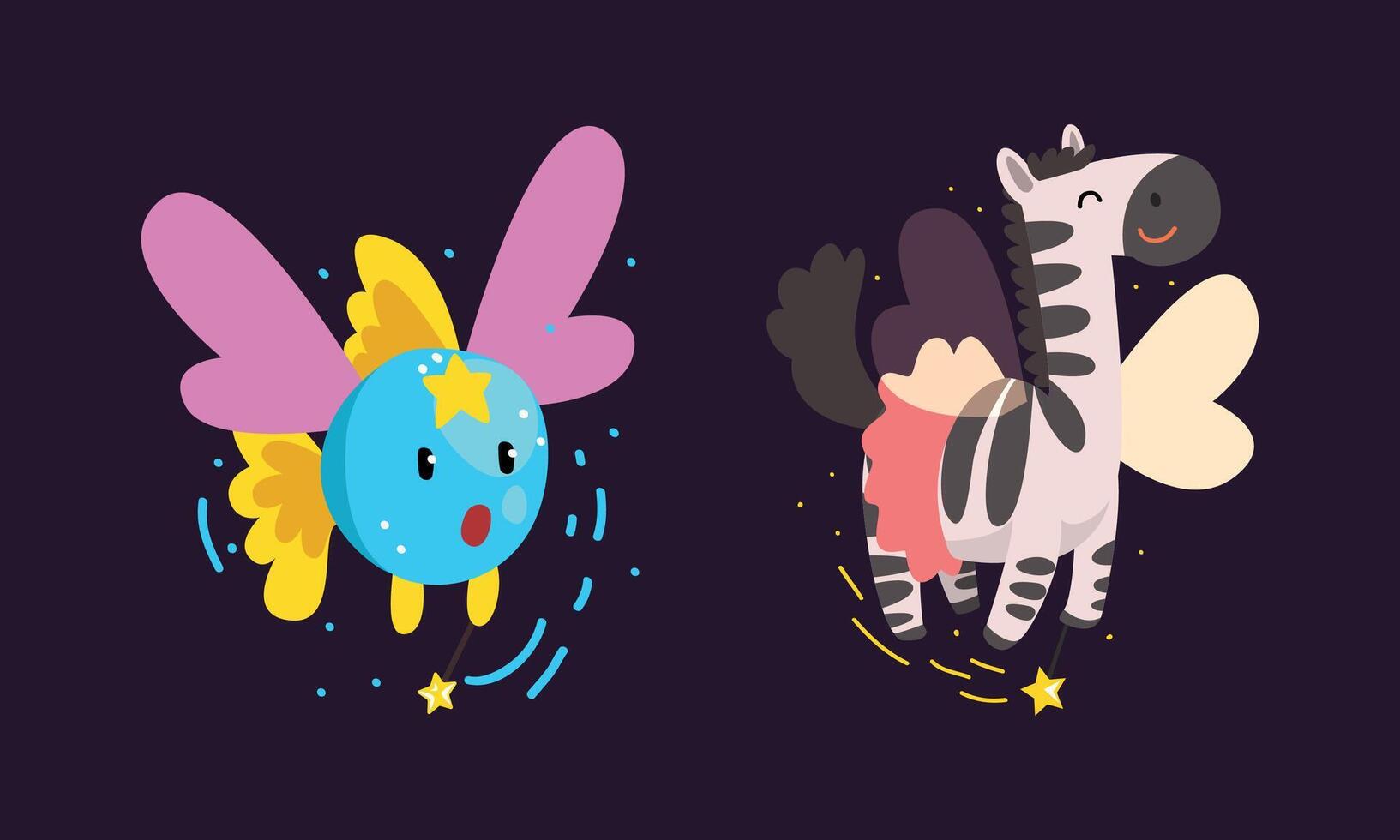 Winged Fish and Zebra Flying with Magic Wand as Fairy or Pixie Set vector