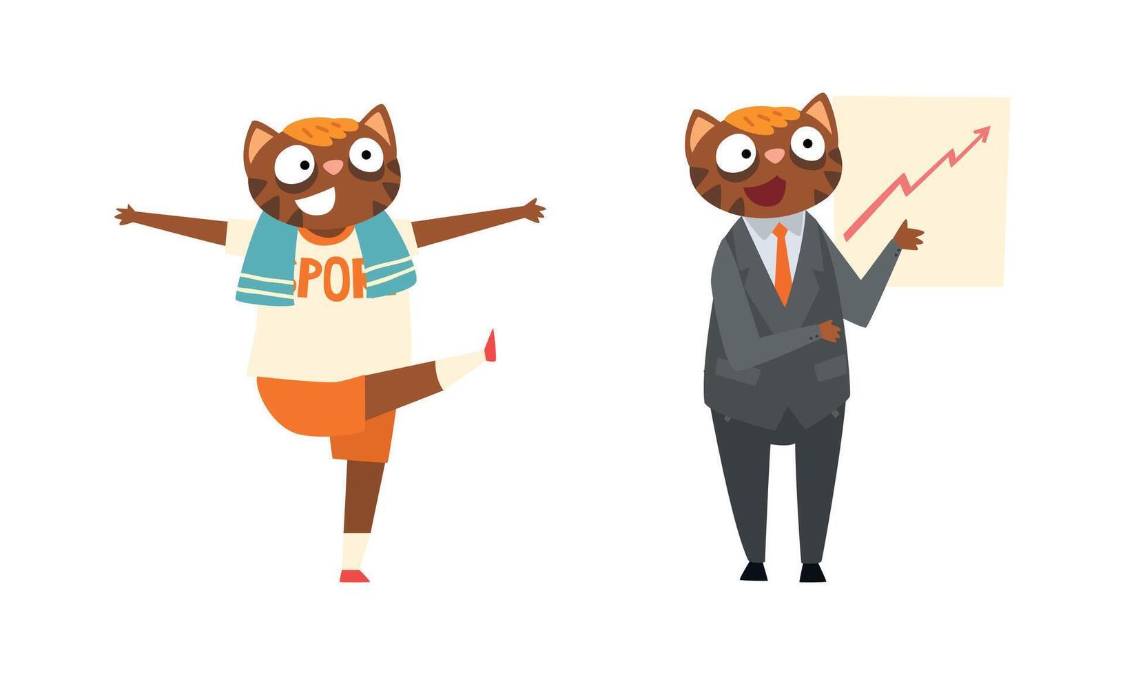 Cat Businessman Character in Formal Suit and Tie Showing Chart and Doing Physical Exercise Set vector