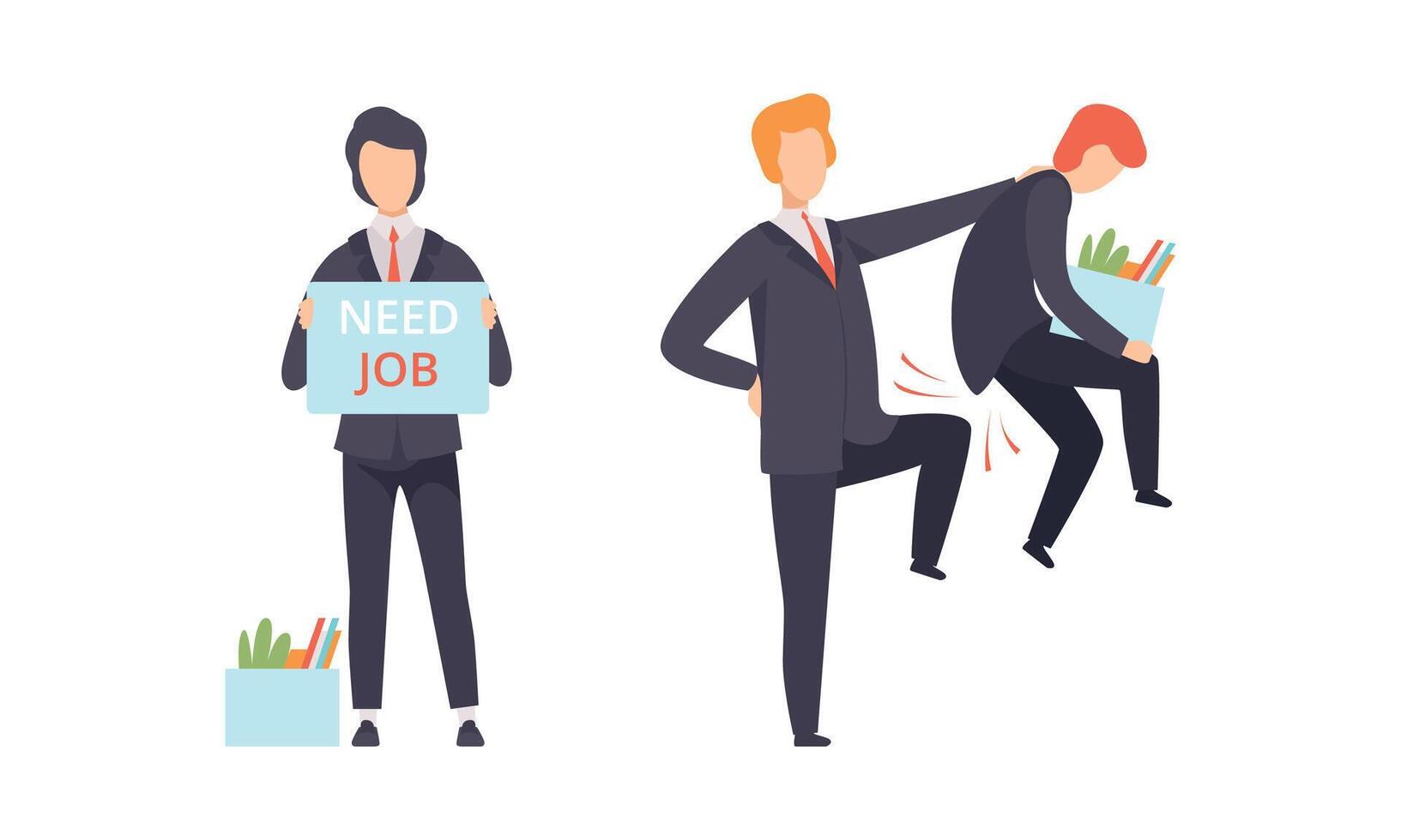 Man Character Searching for Job Standing with Banner and Fired from His Job Place Set vector