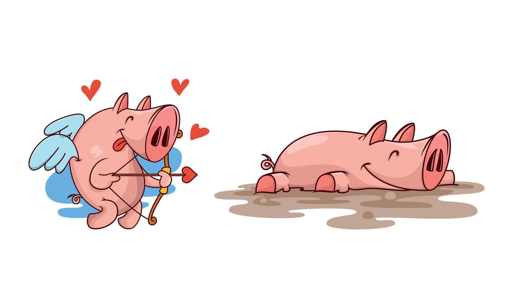 Pink Pig as Cupid with Bow and Arrow and Lying in Mud Puddle Set vector