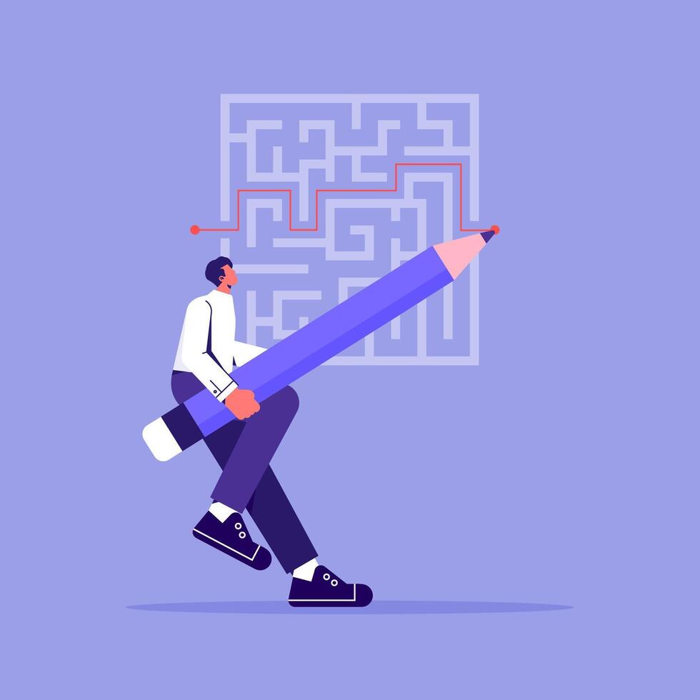Man with a large pencil solving maze vector