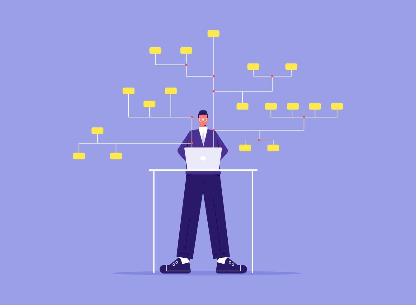 Organizing structure of database concept, company data analysis, businessman analyst building block scheme, developing arranged logic system, flowchart vector
