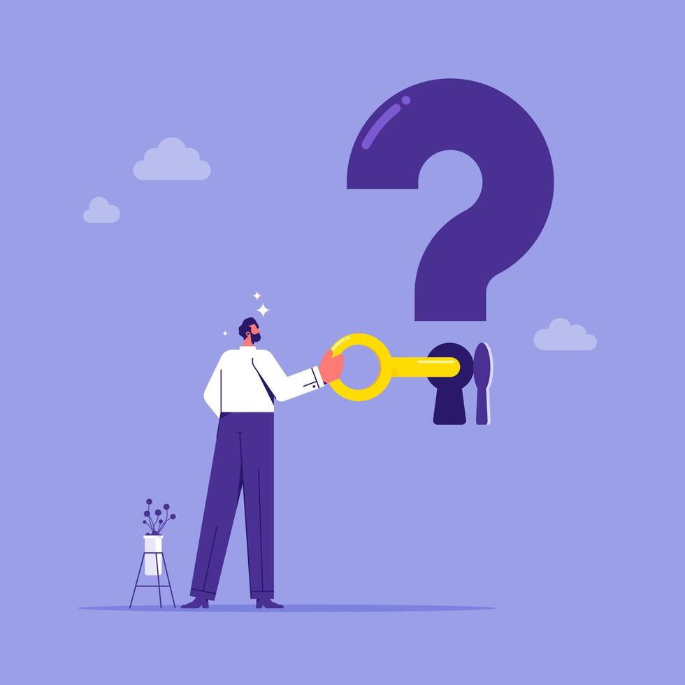 Man holding a key before a question mark vector