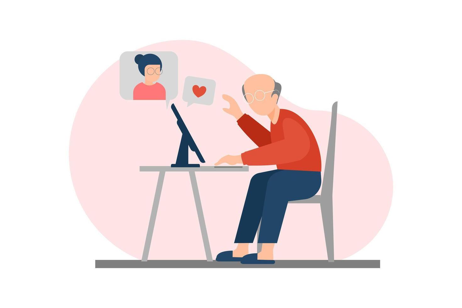 Elderly people using internet. Modern senior man with laptop is using internet to connect and talk with family to create long distance interaction in retirement life.flat style. vector