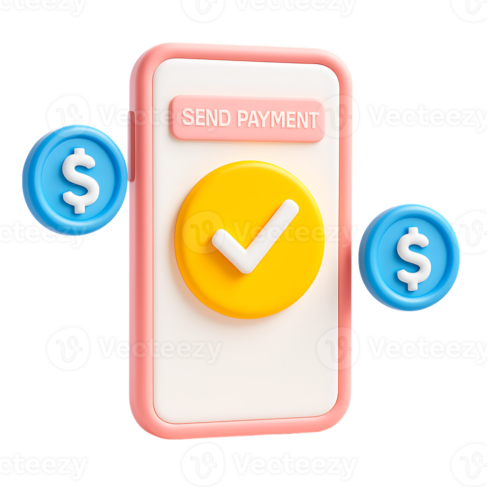 A 3d rendering of a smartphone with a send payment icon isolated on transparent background png