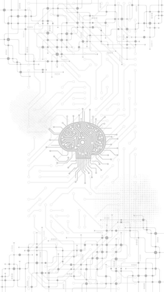 A white background with a circuit board and a brain vector
