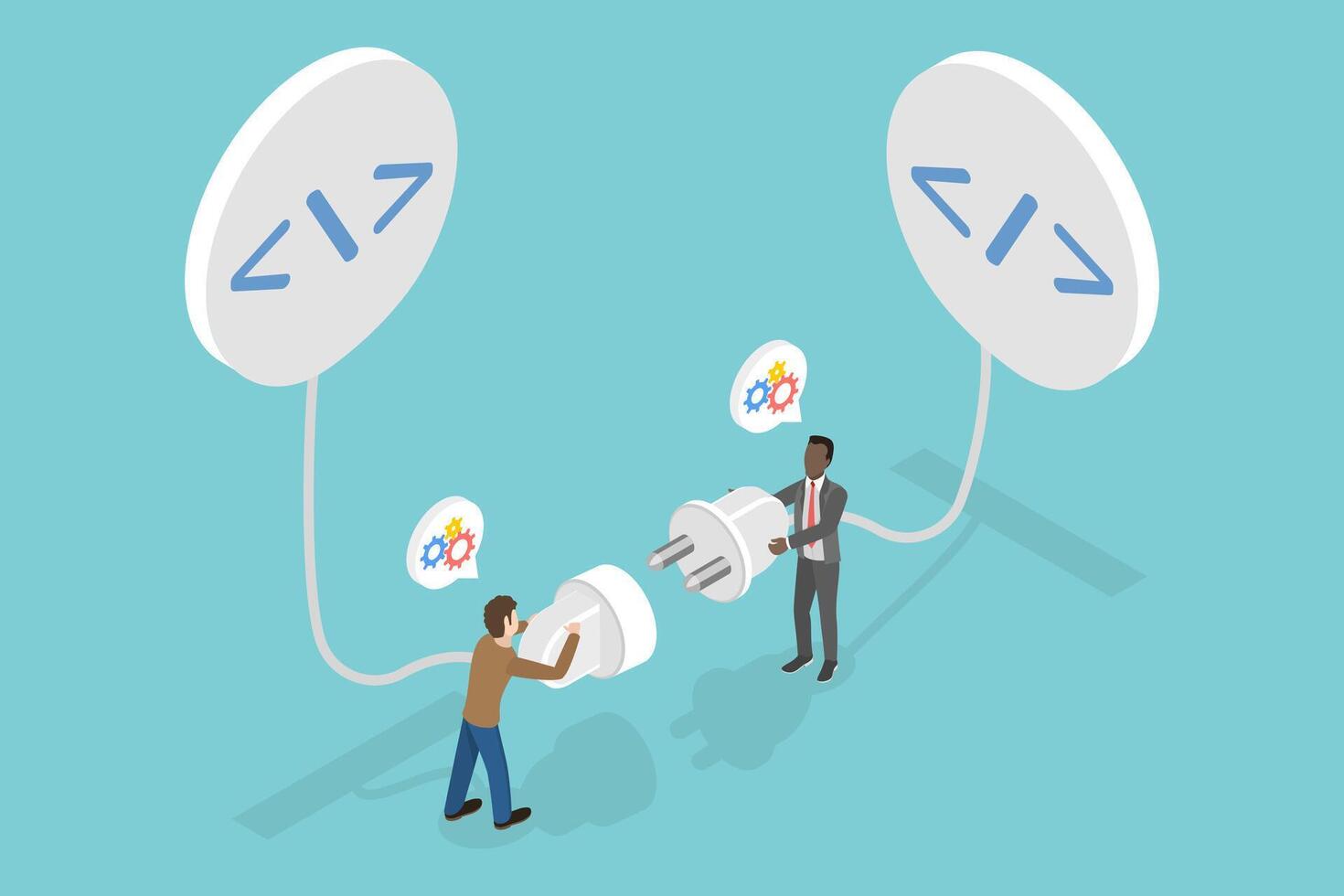 3D Isometric Flat Illustration of Application Programming Interface , Programmer Establishes Connection Between Coding Programs vector