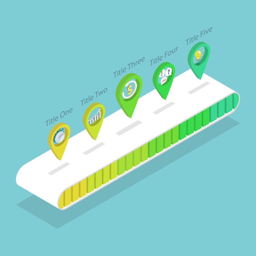 3D Isometric Flat Illustration of Workflow, Five-Step Process Using Pointer Scale vector