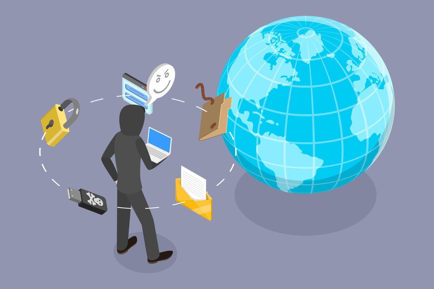 3D Isometric Flat Illustration of Digital Fraud, Hacker Activity, Online System Security vector