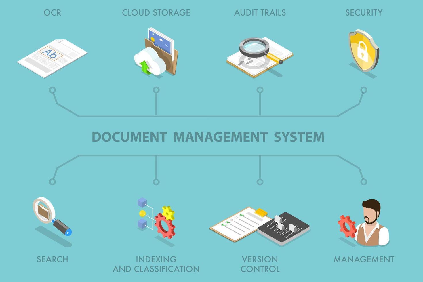 3D Isometric Flat Illustration of Document Management System Banner, File Manager, Data Storage vector