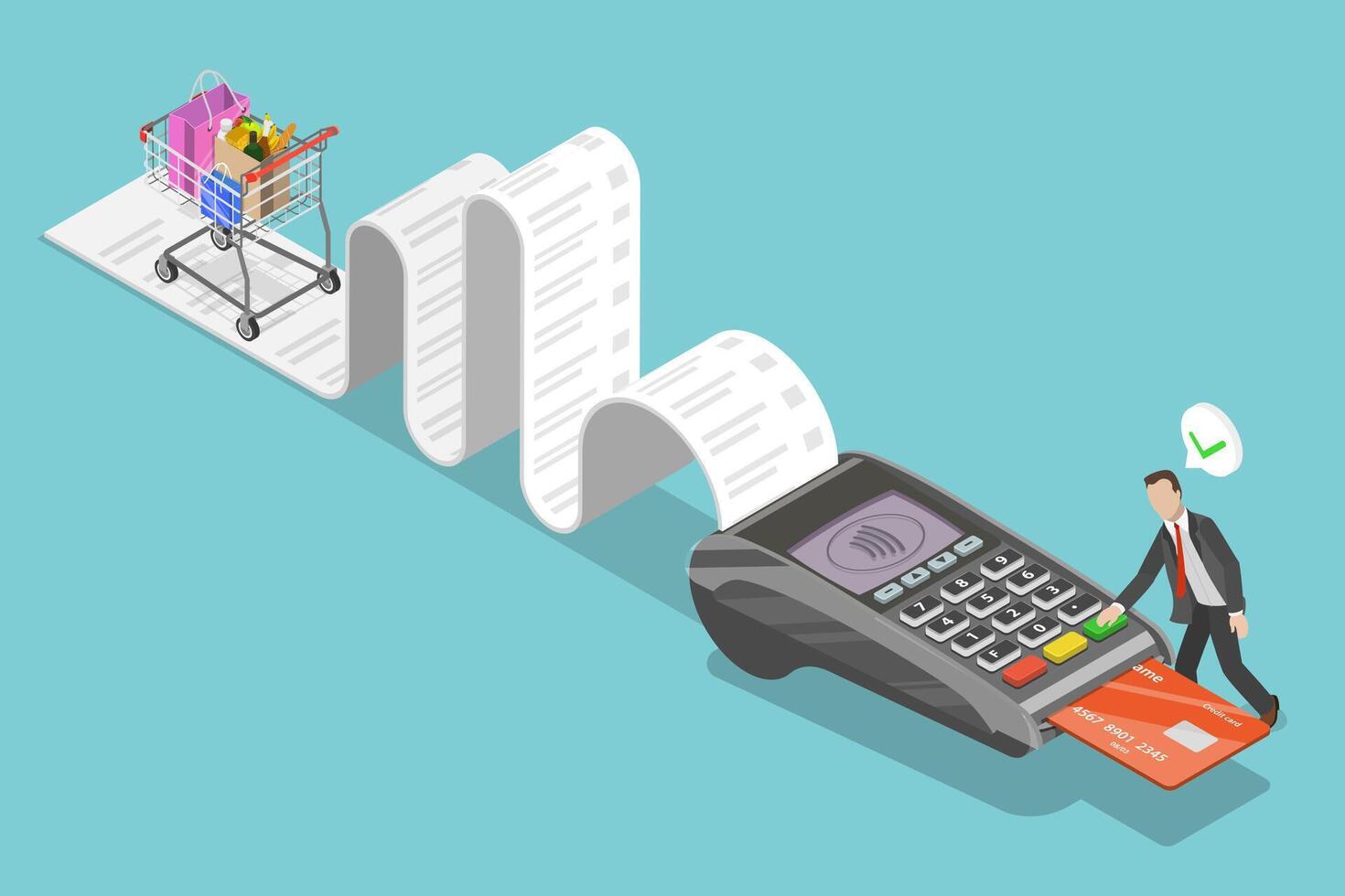 3D Isometric Flat Illustration of Grocery Contactless payment, POS Terminal with NFC Technology vector