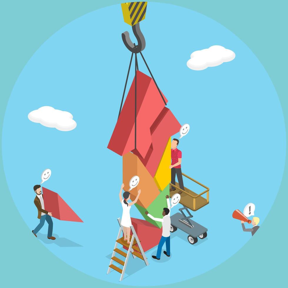 3D Isometric Flat Illustration of Teamwork and Cooperation, Solving Problems Through Collarboration, Support, And Partnership vector