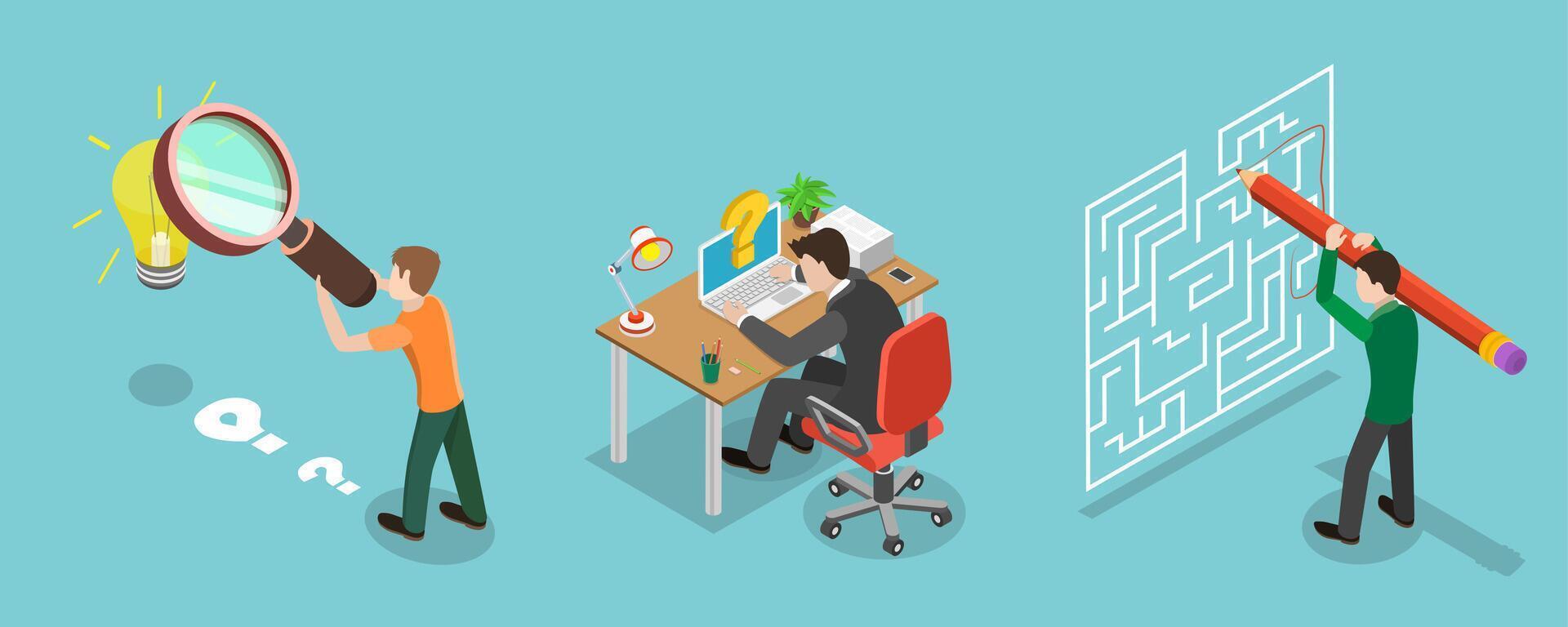 3D Isometric Flat Illustration of Searching for Idea, Navigation Through Maze Leads to Discovering Solution vector