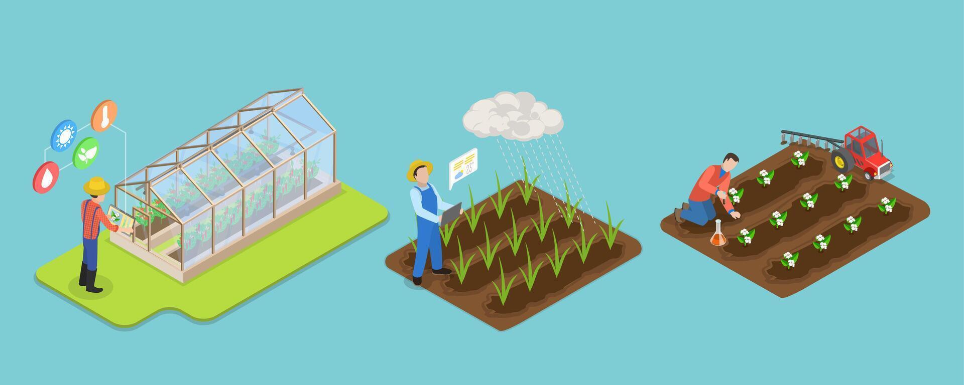 3D Isometric Flat Illustration of Smart Farming Technologies, Precision Agriculture Sensors vector