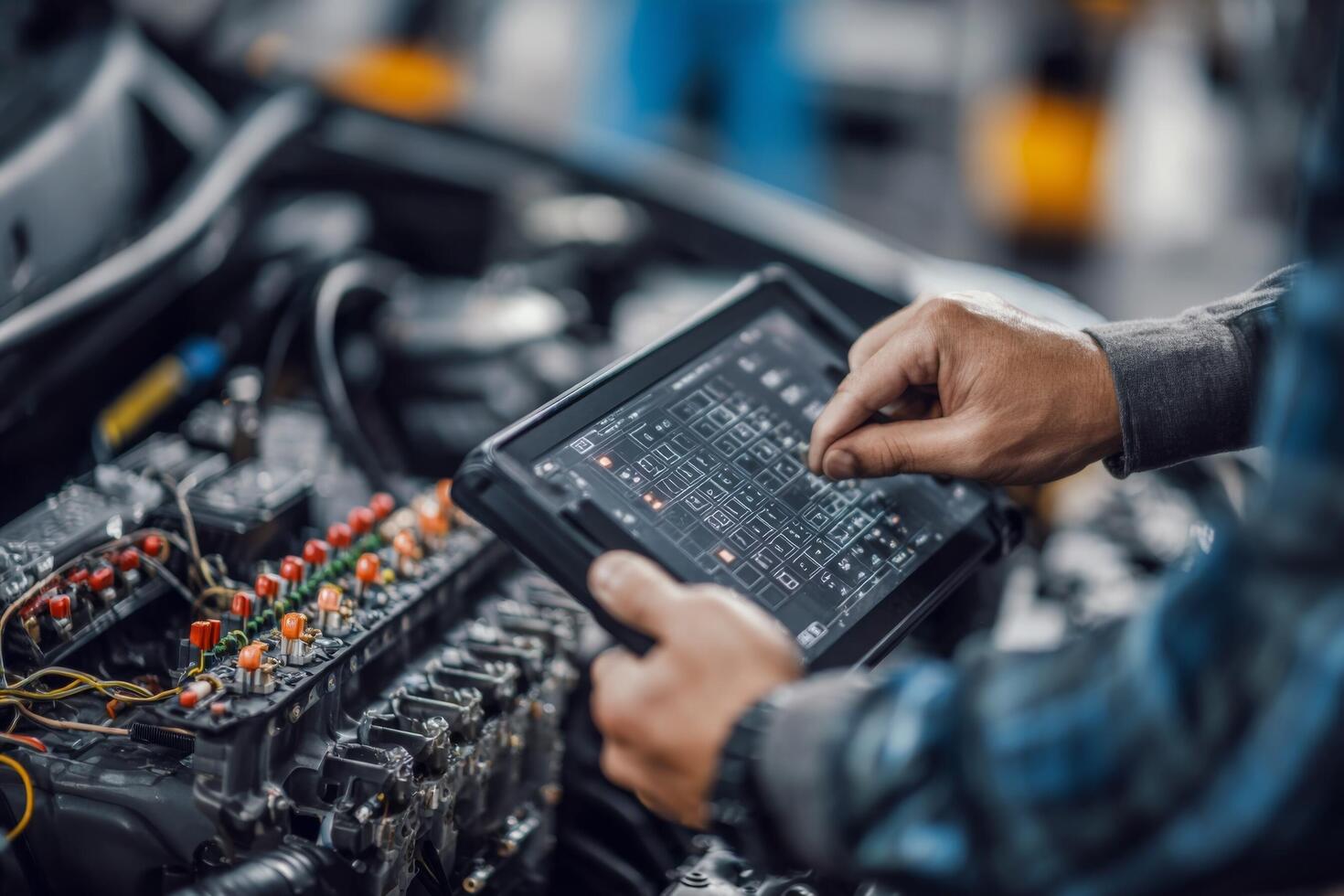 A man is using a tablet to check the engine of a car photo