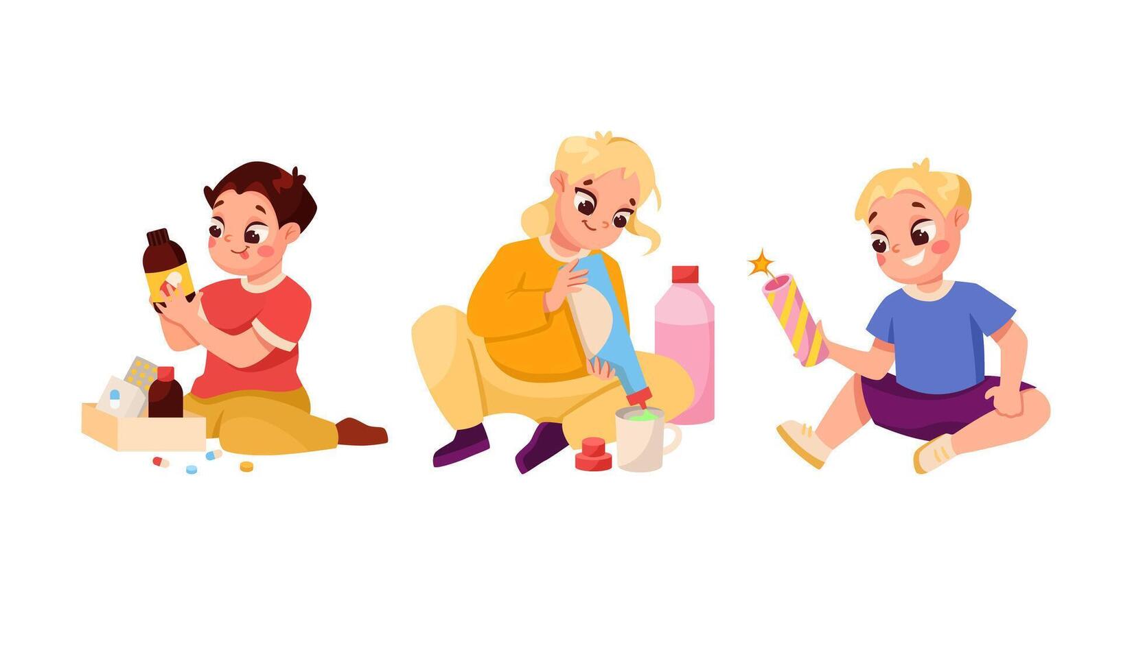 Children Engage in Creative Play Using Craft Materials and Tools for Fun and Learning vector