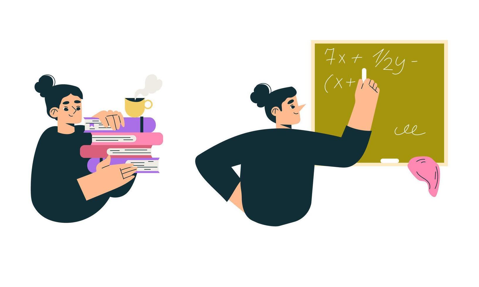 A Dedicated Student Engaged in Preparing for an Upcoming Class with Various Books and a Blackboard vector