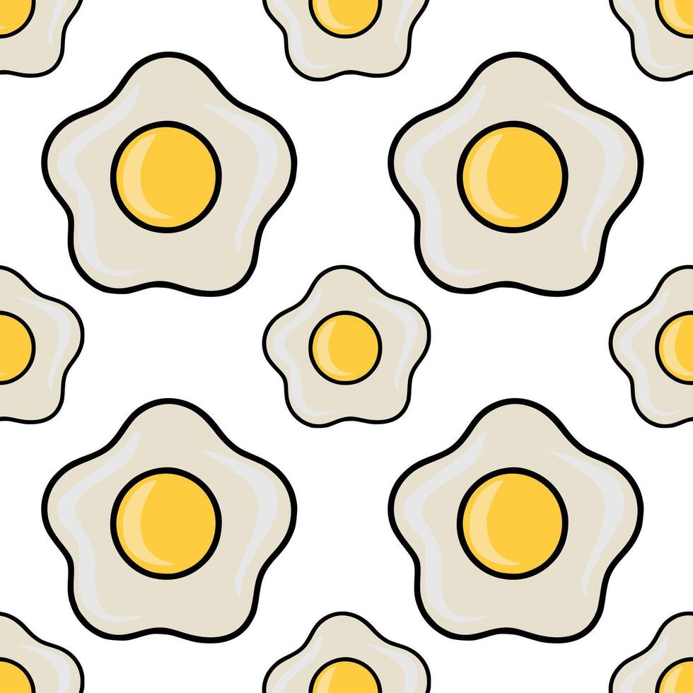 Delightful seamless pattern featuring stylized fried eggs with irregular shapes and vibrant yellow yolks, creating a cheerful and appetizing design perfect for kitchen textiles or breakfast ... vector