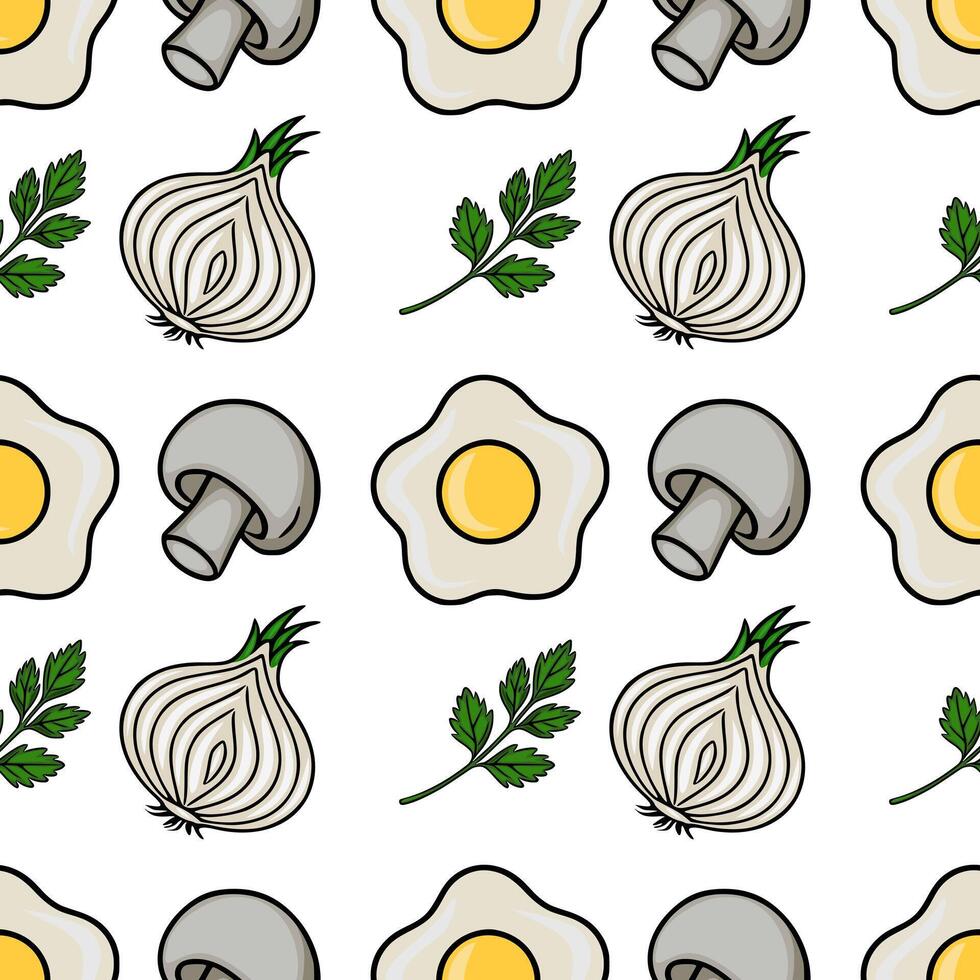 Seamless pattern featuring hand drawn illustrations of fried eggs, onions, mushrooms, and parsley sprigs, creating a vibrant and appetizing kitchen themed design. vector