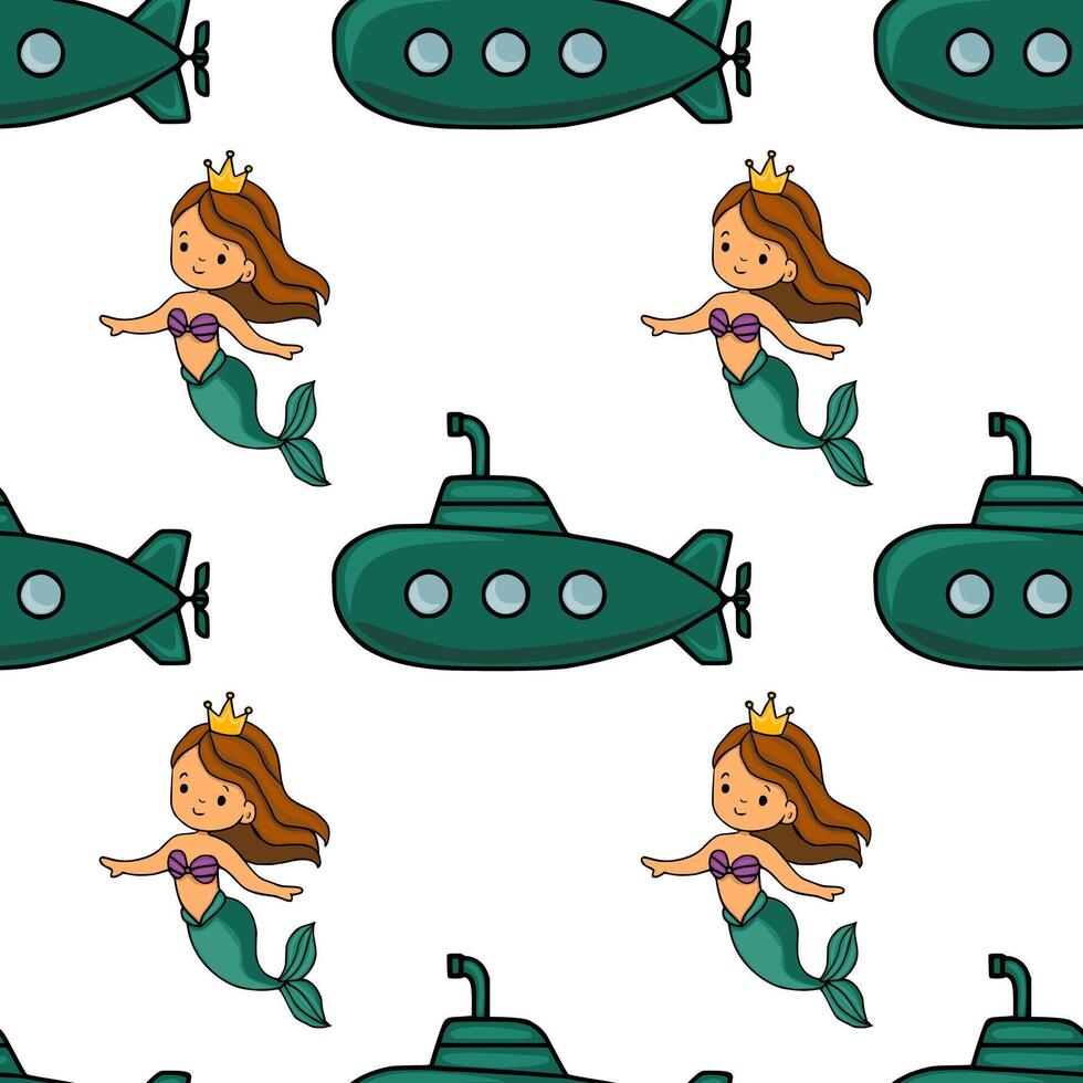 Seamless pattern featuring charming mermaids with golden crowns and teal submarines, creating a playful underwater scene ideal for children s products. vector