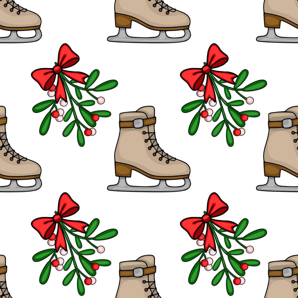 Seamless pattern featuring beige ice skates and mistletoe sprigs with red bows, creating a charming winter holiday design. vector
