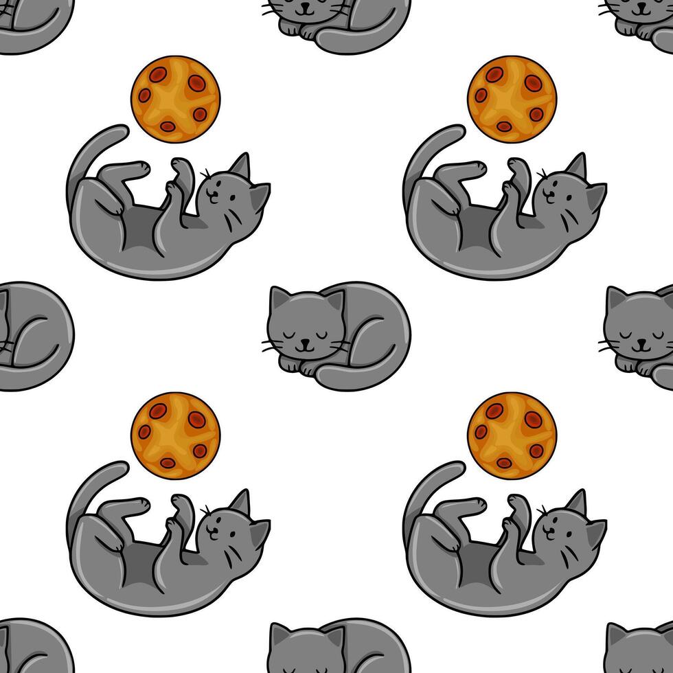 Seamless pattern featuring playful grey kittens interacting with orange speckled balls, creating a charming and repetitive design ideal for textile prints or children s products. vector